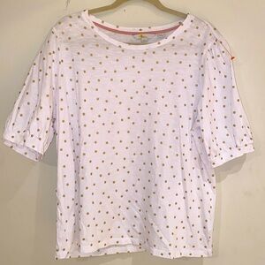 Boden Zoe White Cotton puff gathered banded sleeve gold polka dot tee Sz 20/22